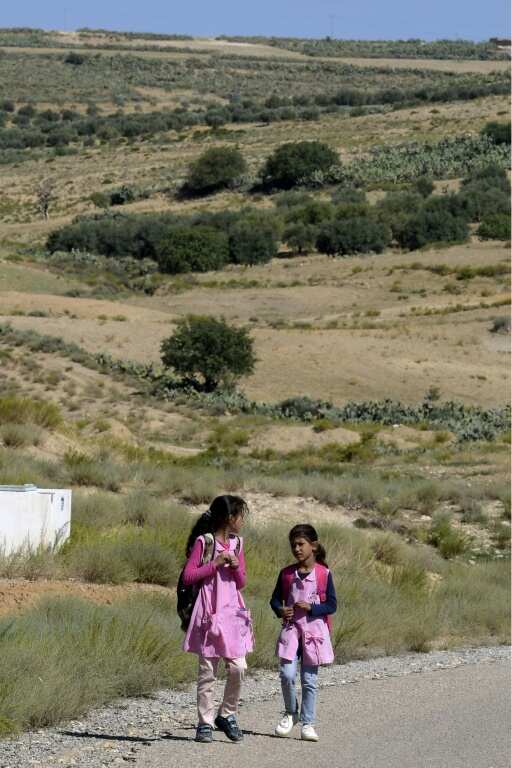 Tunisian children walk to school near the village of Makthar