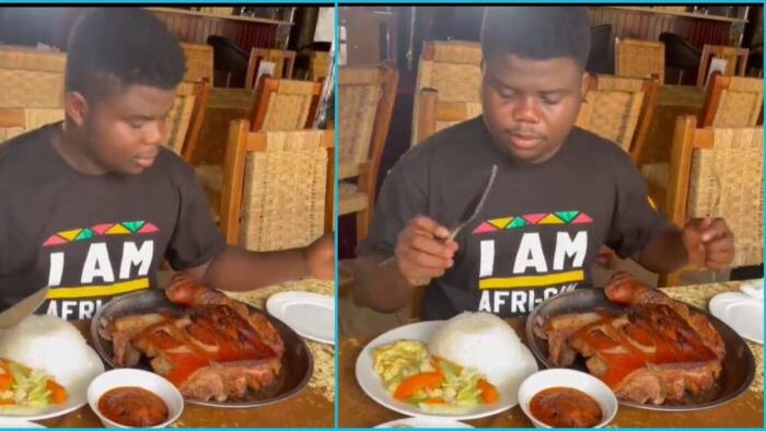 Ghanaian YouTuber chills with a huge plate of meals, netizens react: "Don’t be greedy bro"