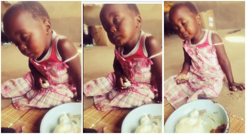 Photos of a baby girl sleeping with food in her hand.