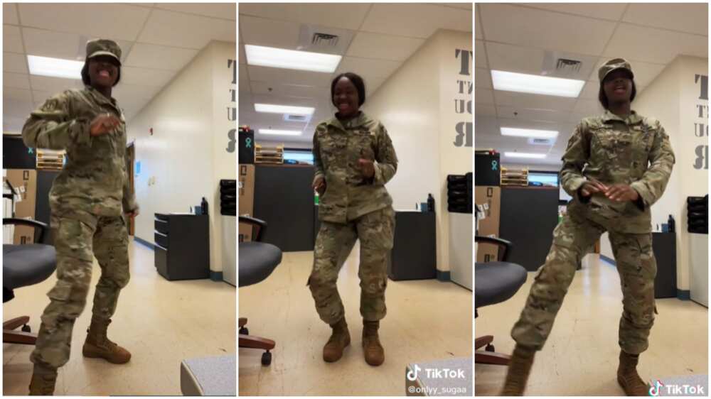 Dancing in at workplace/US soldier having fun.