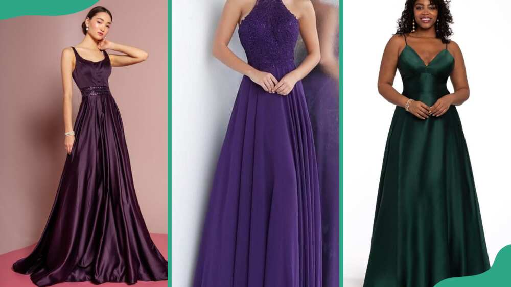 Grape purple slip ball gown (L), navy blue slip ball gown (C), and jungle green slip ball gown (R)