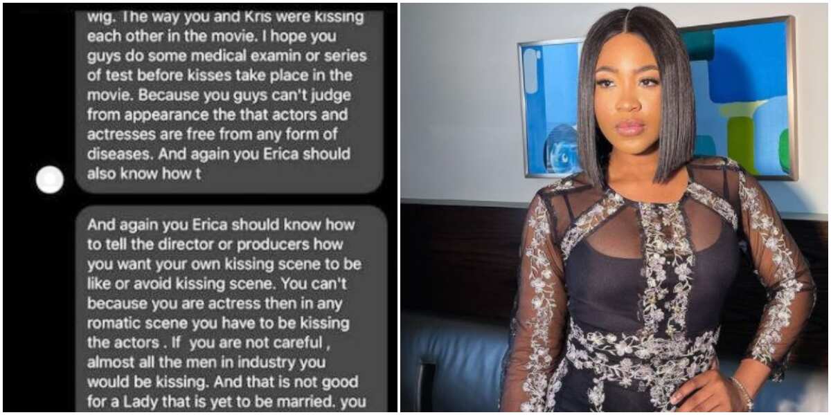 Fan lambastes BBNaija's Erica for kissing in a movie, tells her to reject such roles, internet users react