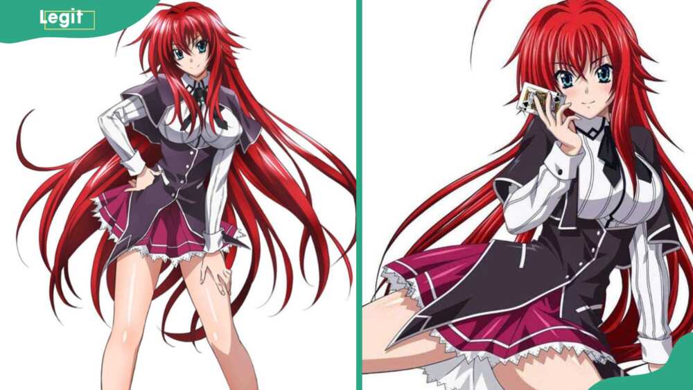 Rias Gremory (L) posing while holding her thigh and posing while sitting on the floor holding a card (R)