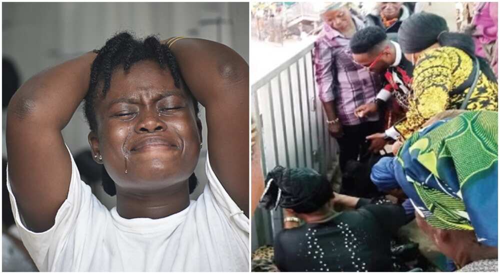 Old woman collapses, pedestrian bridge Lagos.