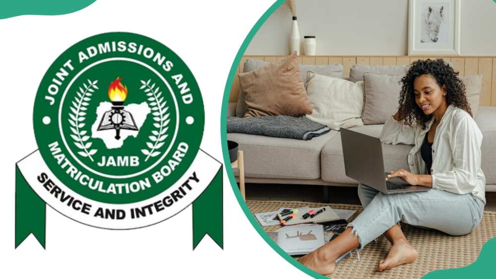 The JAMB logo and a woman using a laptop while sitting on the floor
