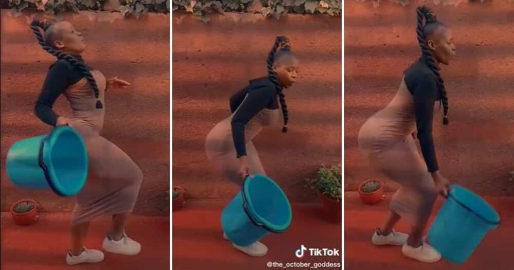 tshweribucket dance challenge, South African lady dances with a bucket, dance videos, lady dances with a bucket