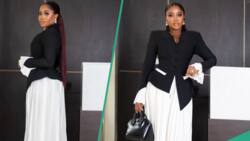 Lady orders Veekee James' black and white pleated outfit, gets gorgeous design: "She bodied it"