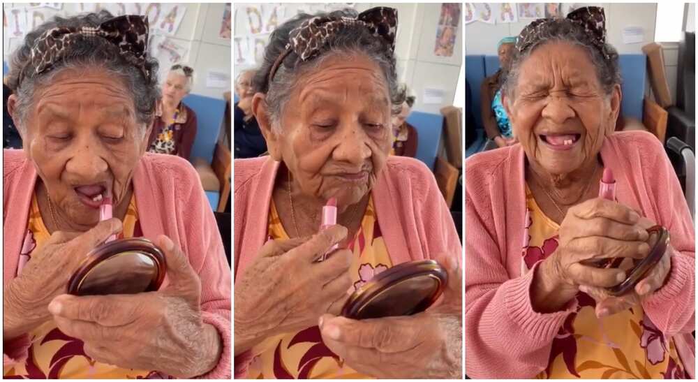 Photos of an old woman applying pink make up on her lips.