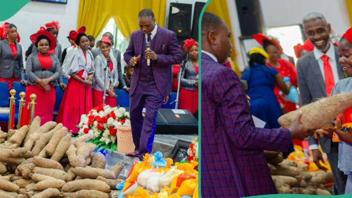 Photos emerge as Uyo pastor distributes rice and yams to members after church service