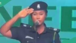 "What is this?": Woman in police uniform recites national anthem wrongly in trending video, Nigerians react