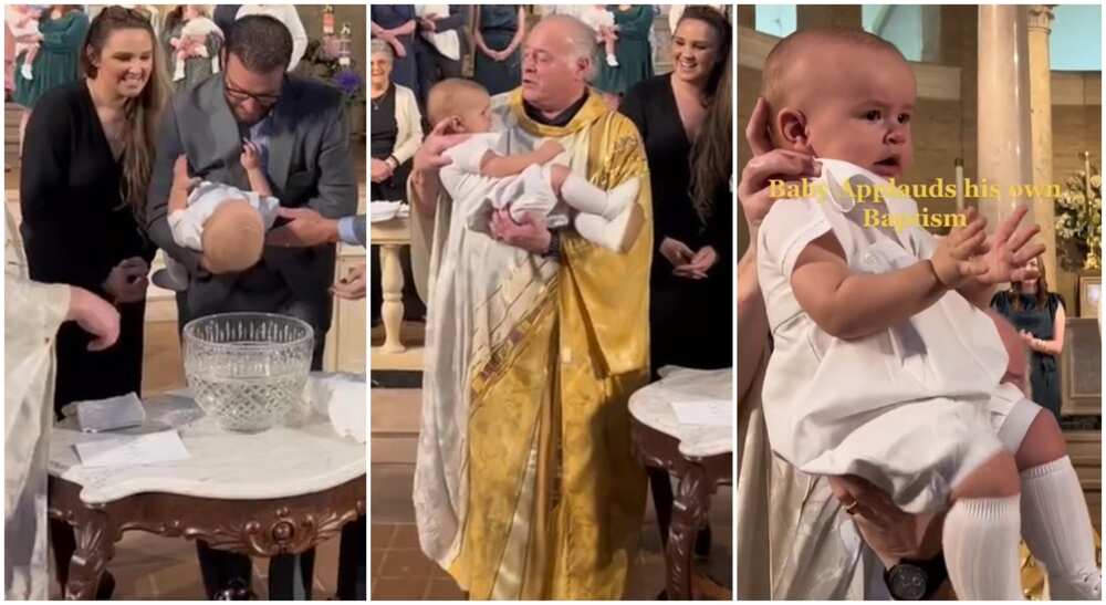 Photos of a priest holding a little baby after water baptism.