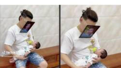 Funny dad breastfeeding son wearing mask of mom's facial image, video goes viral on TikTok