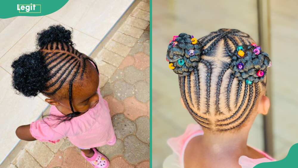 Cornrows into double bun: Fluffy styled (L) and beaded styled (R)