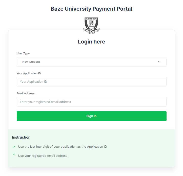 A screenshot of the Baze University fee payment portal