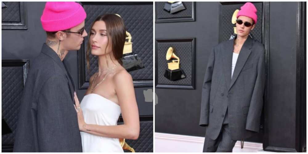 Photos of Justin Beiber and Hailey Beiber at the Grammys.