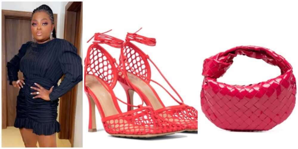 Photos of Nollywood star Funke Akindele with the shoes and bag. Photos of Nollywood star Funke Akindele with the shoes and bag.