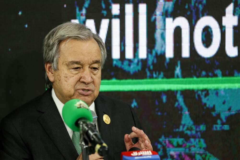 United Nations Secretary General Antonio Guterres speaks during a joint press conference with Pakistan's Prime Minister at the Pakistani pavilion at the COP27 climate conference in Sharm el-Sheikh