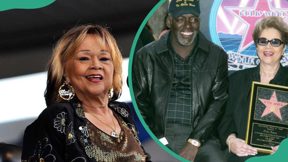 Singer Etta James Band performing live at the New Orleans Jazz & Heritage Festival (L). Etta James & Husband posing for a photo sitting on red sits at Hollywood Boulevard in Hollywood, California, United States (R).