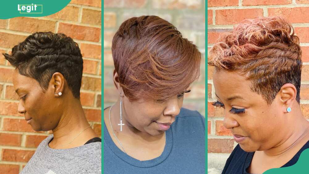 Short black pixie style (L), short side styled brown pixie (C) and layered brown pixie with pink highlights (R)