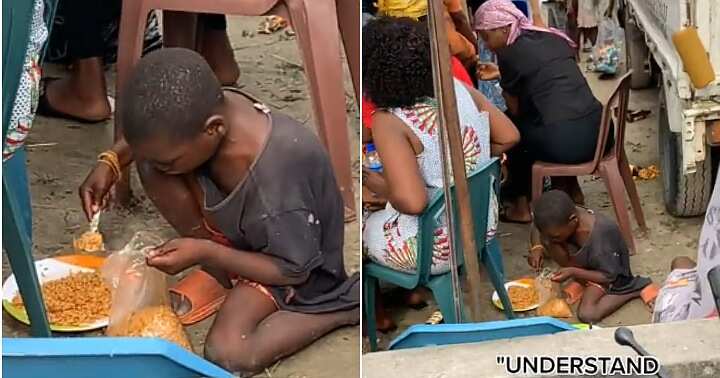 Little boy packs food in nylon, event