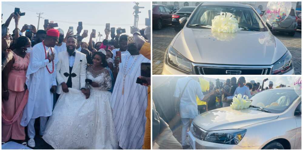 Sweet Moment Comedian Arole and Wife Were Suprised with Brand New Car Gift at their White Wedding Ceremony