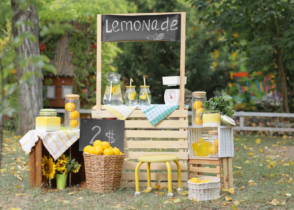 A stand for the sale of lemonade in a green park