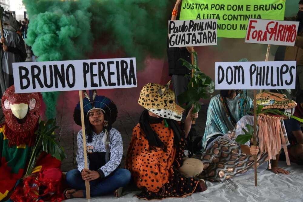 Guarani indigenous people and environmental activists protest in the wake of the killing of British journalist Dom Phillips and his guide Bruno Pereira in Sao Paulo, Brazil, on June 18, 2022