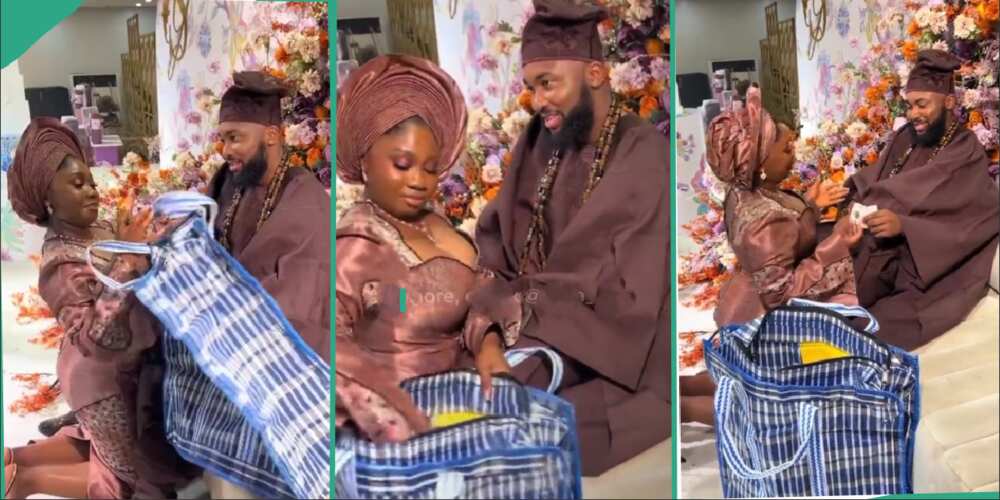 Bride gets cash gifts from her husband. Bride gets cash gifts from her husband.