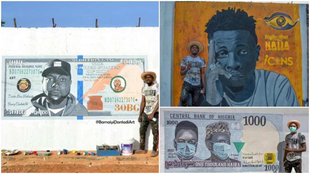 Talented Nigerian man paints Laycon, Davido on walls, his arts wow many (photos)