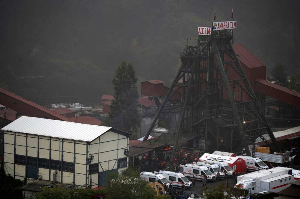 A photograph shows an outside view of the coal mine after an explosion in Amasra, in Bartin Province, Turkey, on October 15, 2022. Rescuers desperately searched for signs of life on October 15, 2022 after a methane blast at a coal mine in northern Turkey killed at least 28 people and trapped dozens of others hundreds of metres underground.