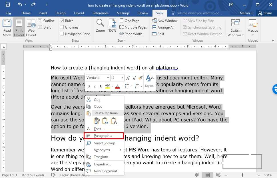 create first line indent in word 2016