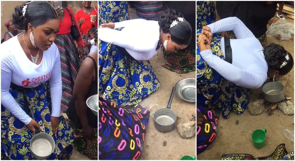 Photos of a bride observing wedding rites.