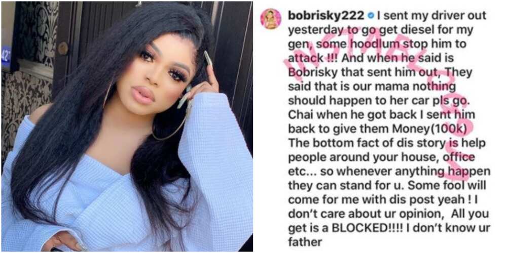 Cross-dresser Bobrisky says his kindness saved his car from hoodlums