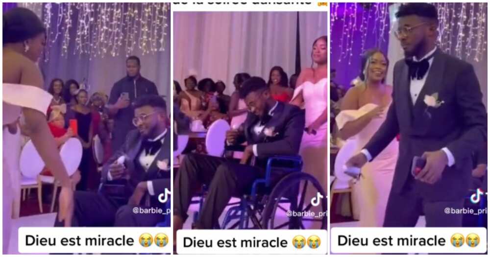 Man in wheelchair, wedding, gets up, bride