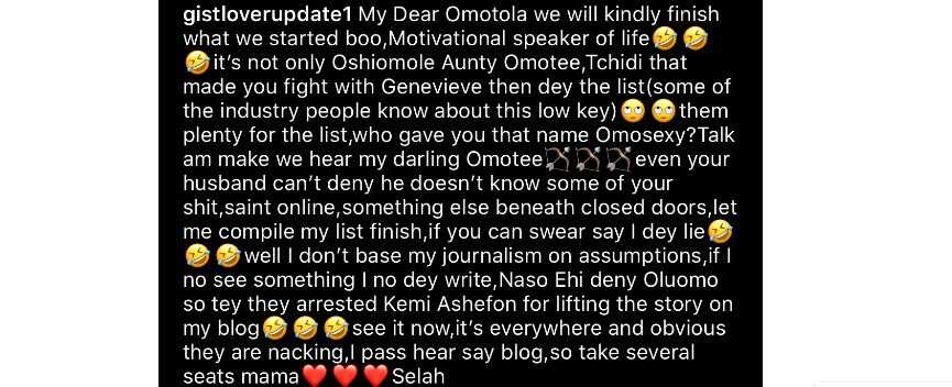 Actress Omotola calls out blog for suggesting that there is something going on between her and Oshiomole