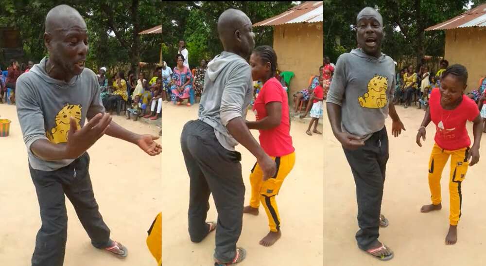 Photos of an elderly man dancing for a young lady.