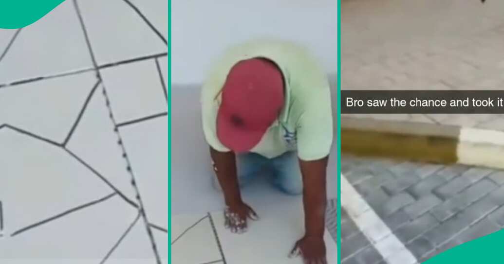 Resourceful Nigerian man accidentally breaks tiles during installation, transforms them into floor artistry