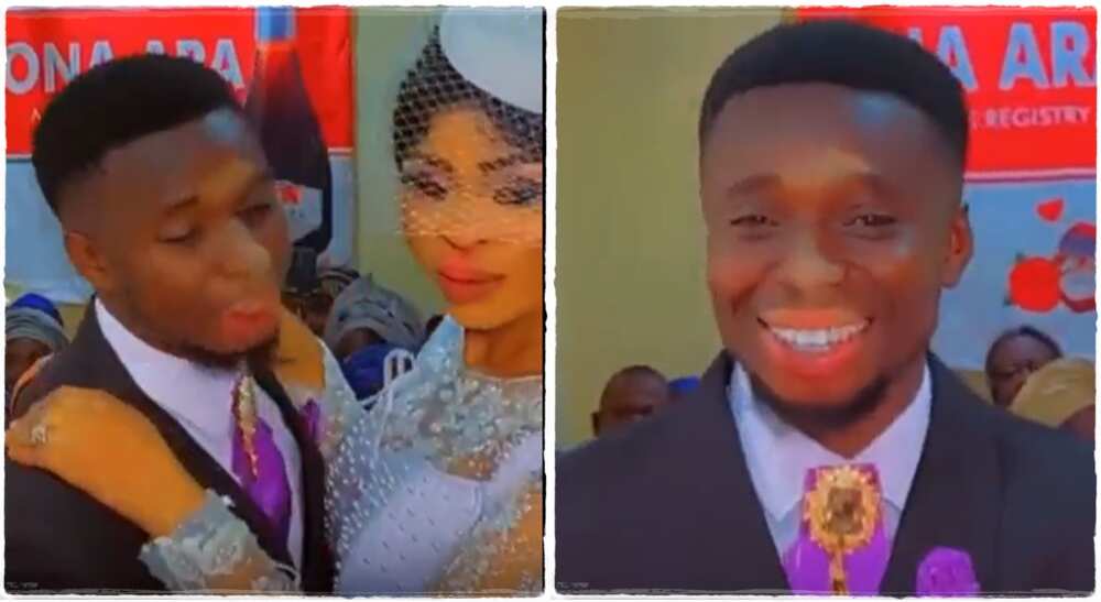 Photos of a groom after kissing his wife at their wedding. Photos of a groom after kissing his wife at their wedding.
