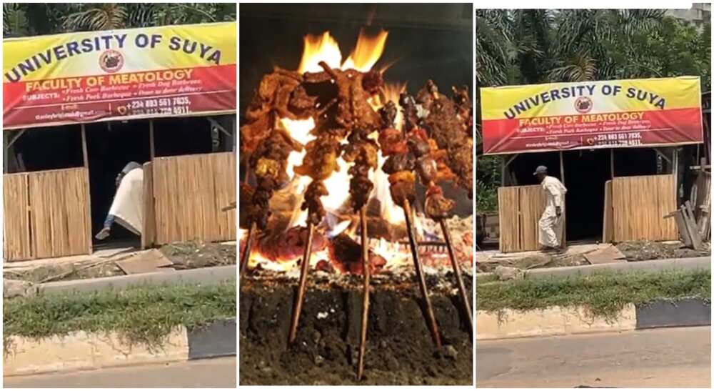 Photos of a Nigerian Suya shop named 'university of Suya'. Photos of a Nigerian Suya shop named 'university of Suya'.