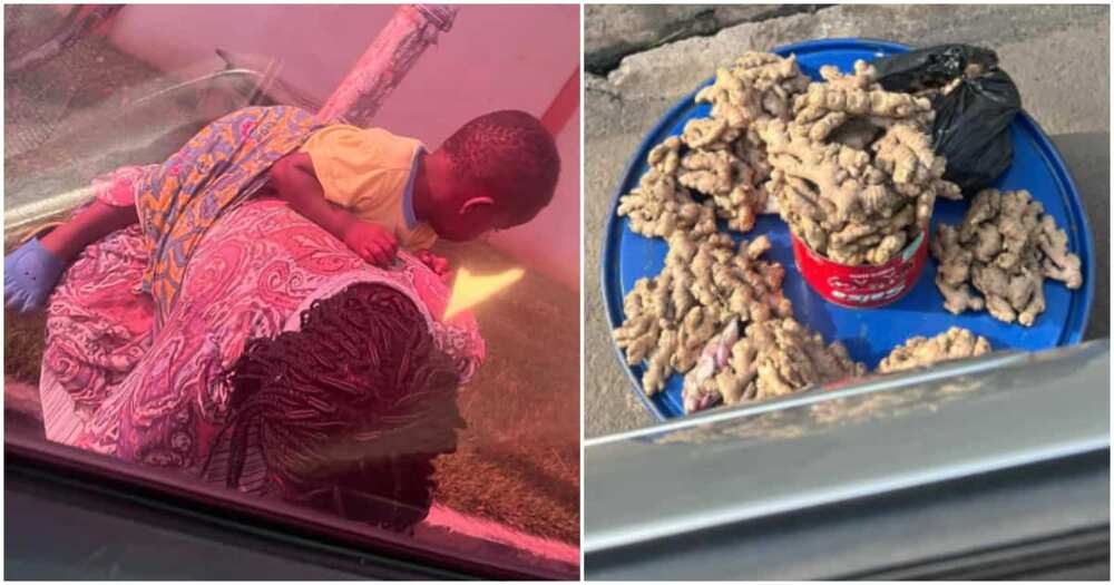 Ghanaian man buys all the ginger of woman with a baby strapped to her back. Ghanaian man buys all the ginger of woman with a baby strapped to her back.