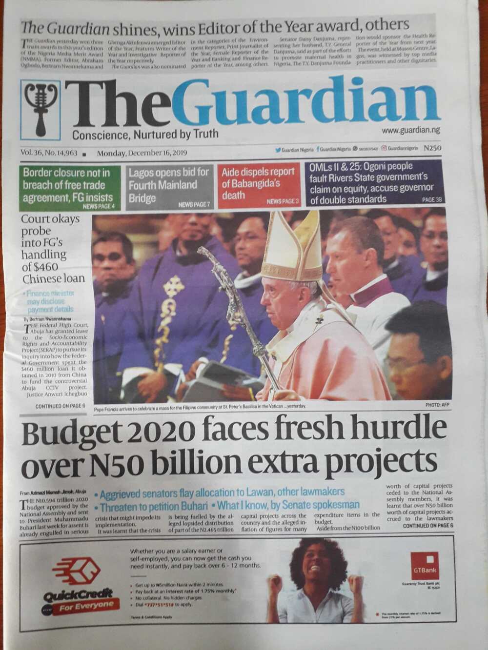 Newspapers review for Monday, December 16: Hurdles surround 2020 budget over N50b extra projects