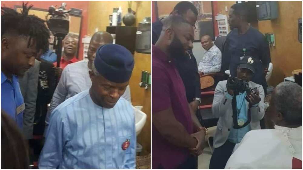 Vice President Yemi Osinbajo spotted cutting his hair in a public barber's shop