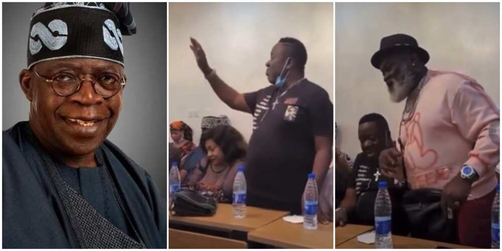 Videos emerge as Nollywood stars meet in private to support Bola Tinubu, Mr Ibu seen as they form song for him