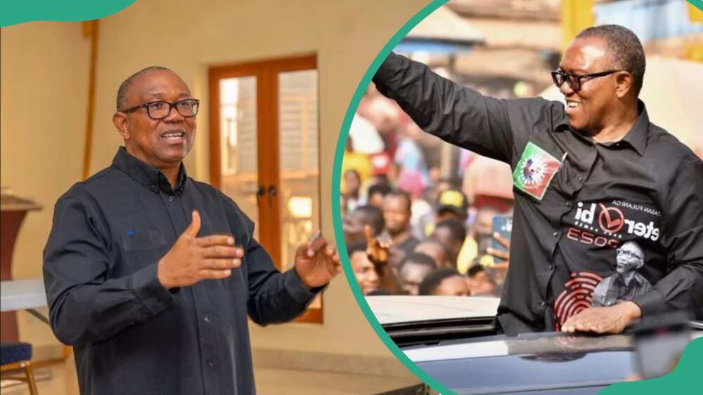 Peter Obi addressing people in a room (L). The politician in a black shirt addressing a gathering during a rally (R)