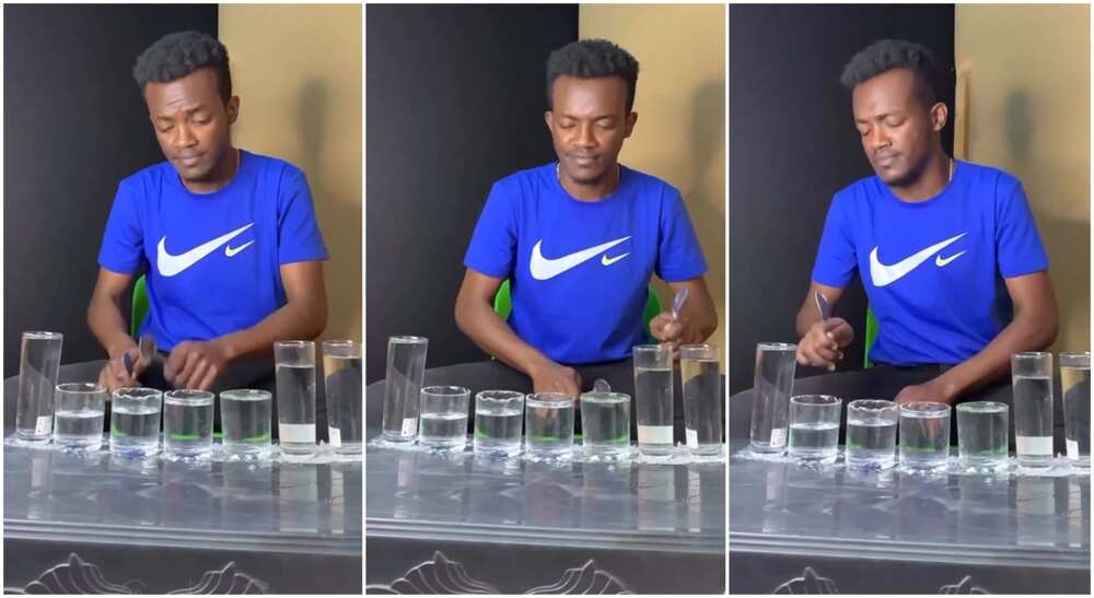 Photos of a man playing music with glass cups.