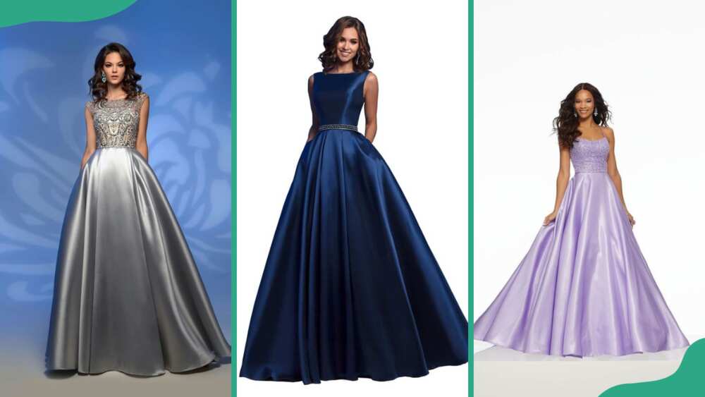 Silver ball gown (L), teal blue ball gown (C), and lilac ball gown (R)