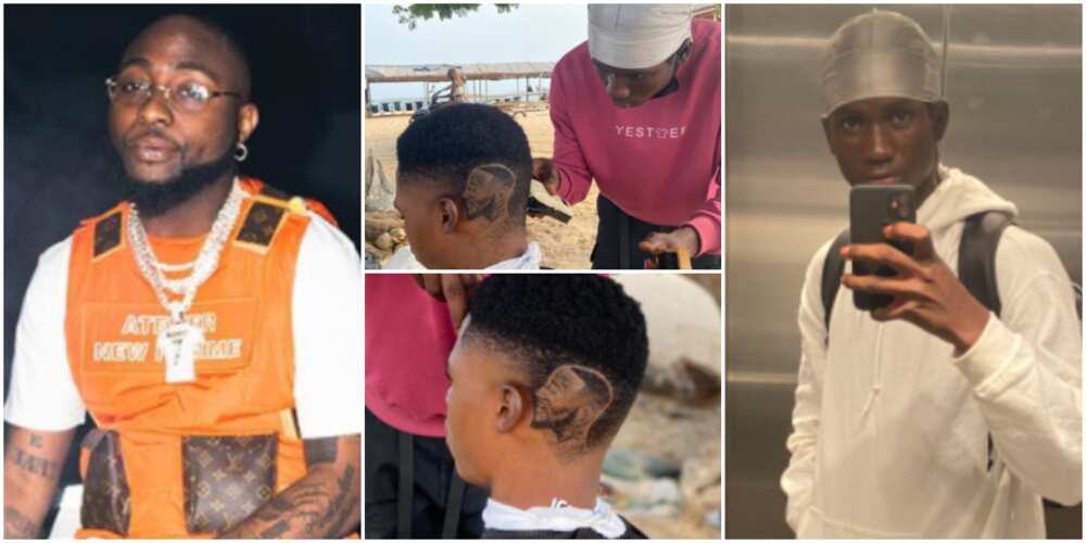 Davido reacts as talented barber carves his face on a young man's head