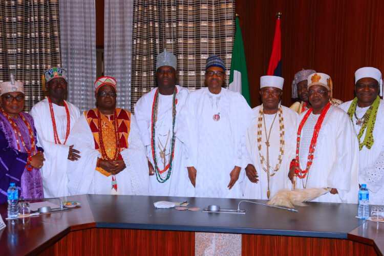 President Buhari with some south-west monarchs at the State House. Photo source: The Nation