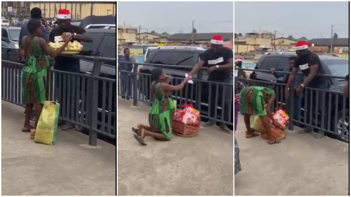 Heart of gold! This man 'bought' all the oranges of this pregnant woman, gives her basket full of goodies, money for Christmas, Nigerians react (see video)