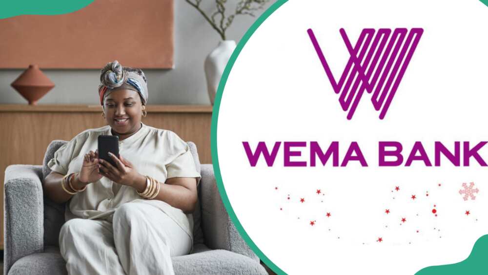 A woman using her phone (L) and Wema Bank logo (R)
